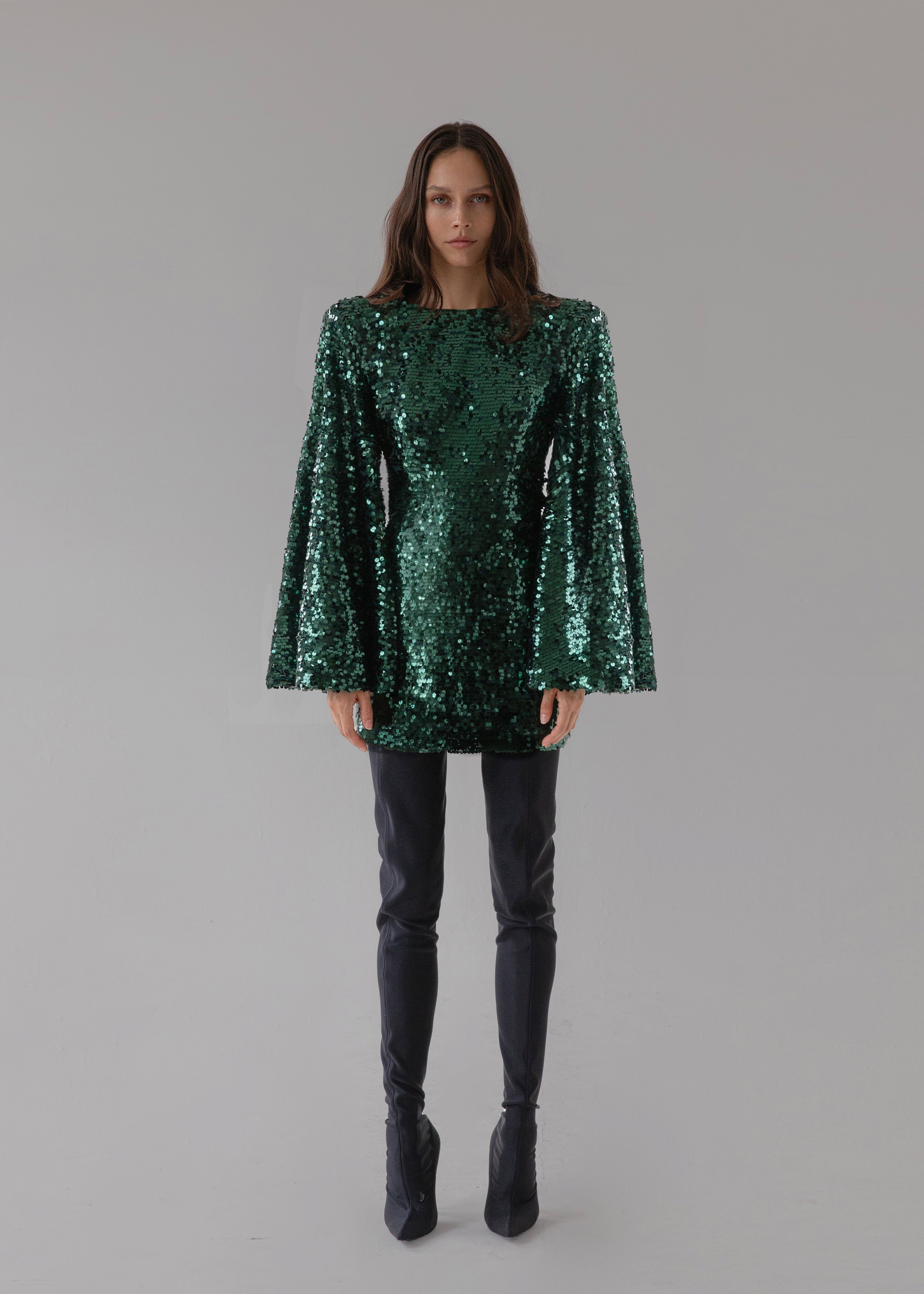 Green sequin dress with flared statement sleeves