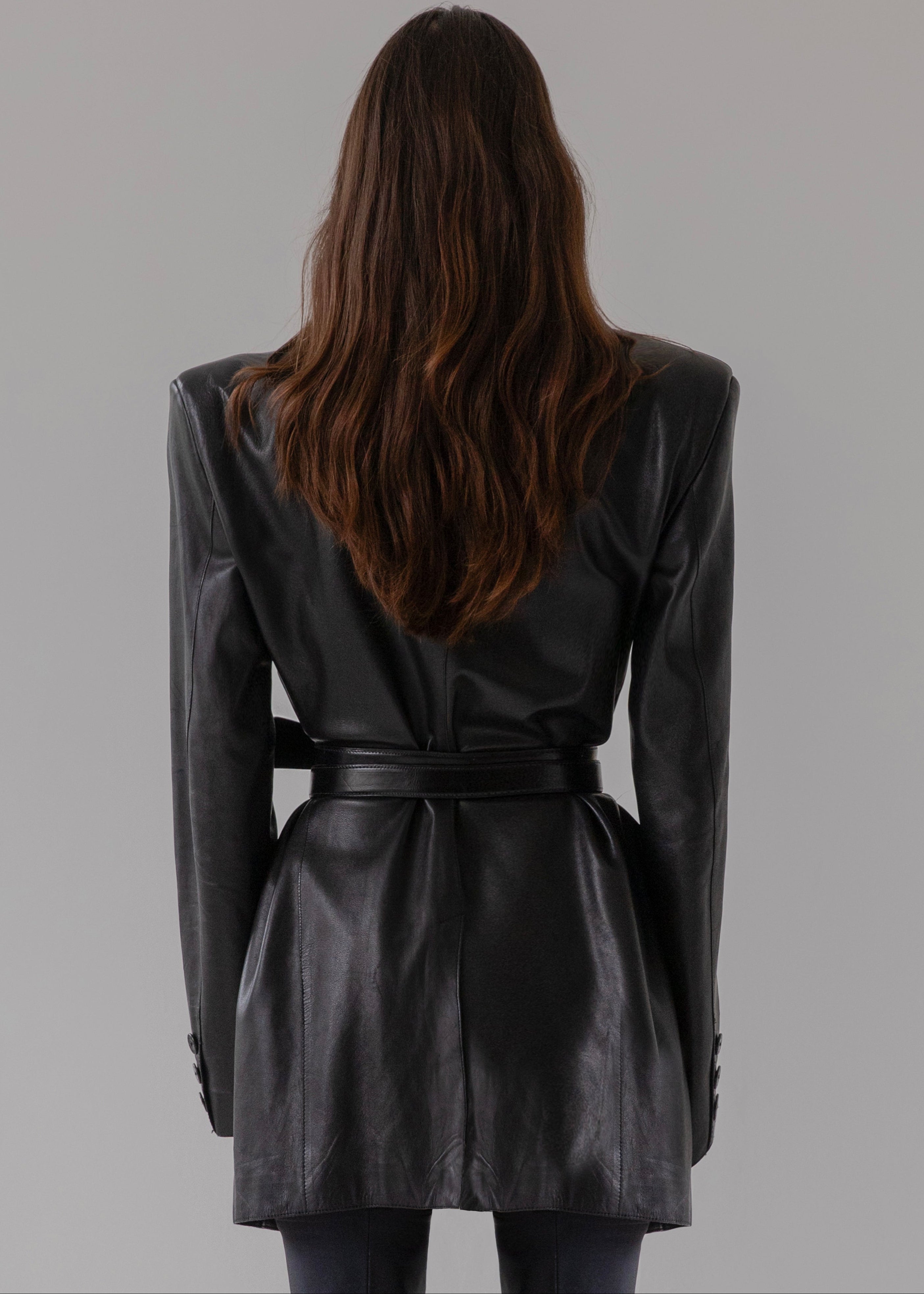 Double breasted leather blazer with padded shoulders