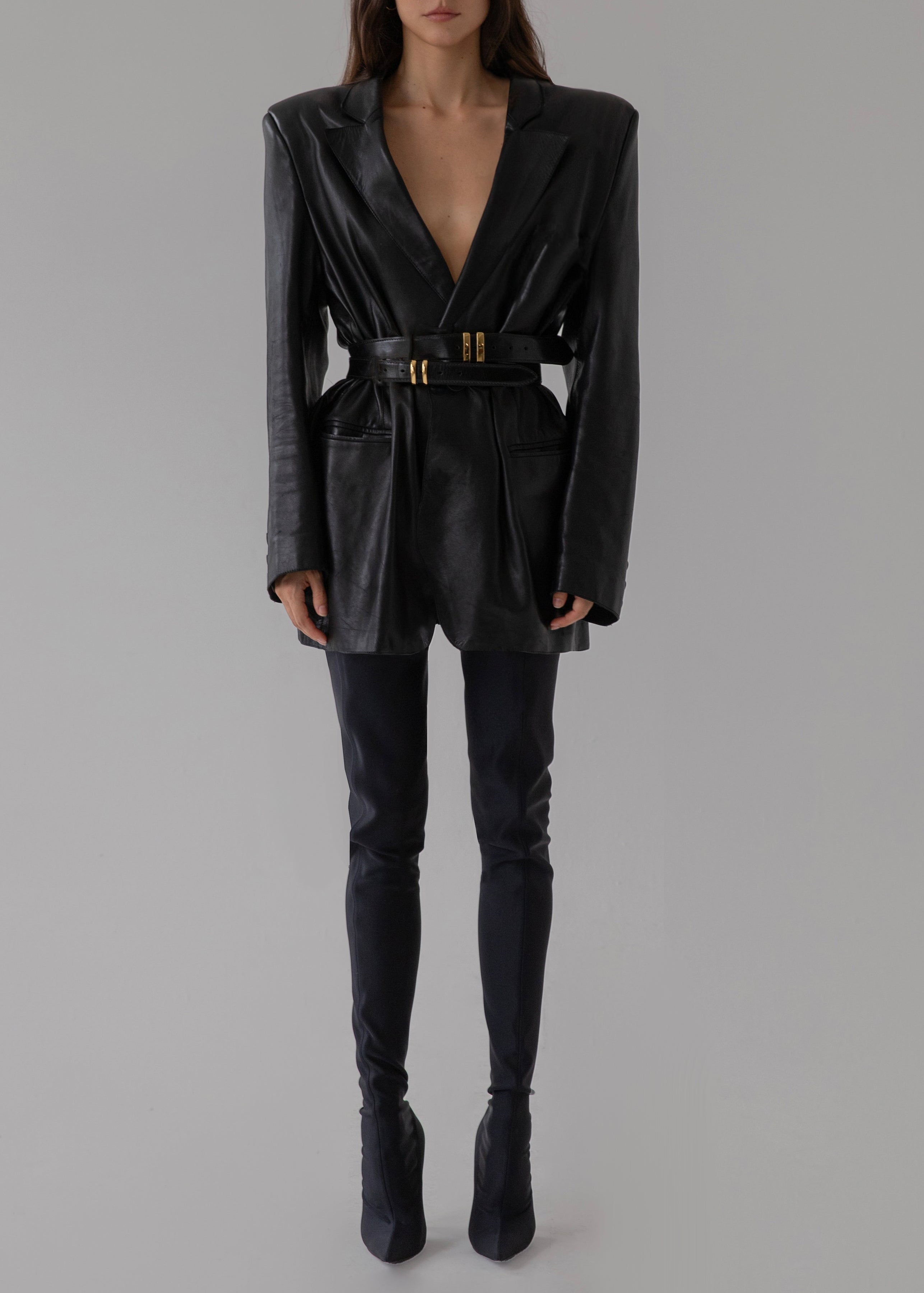 Double breasted leather blazer with padded shoulders