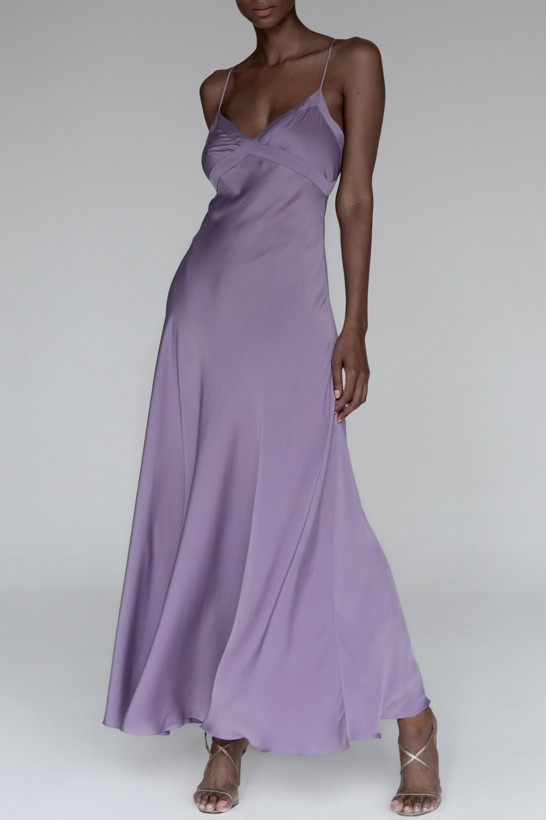 Model wears Purple silk slip dress