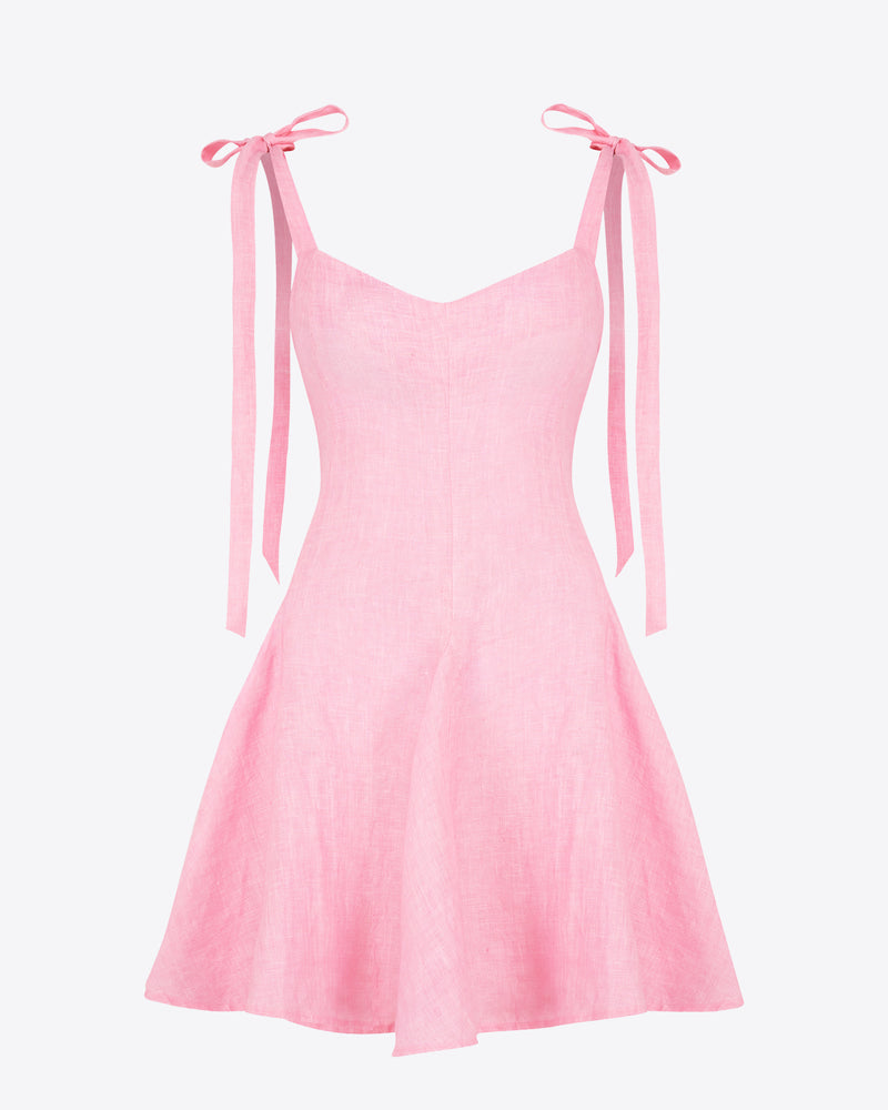 Pink linen mini dress with tie shoulders